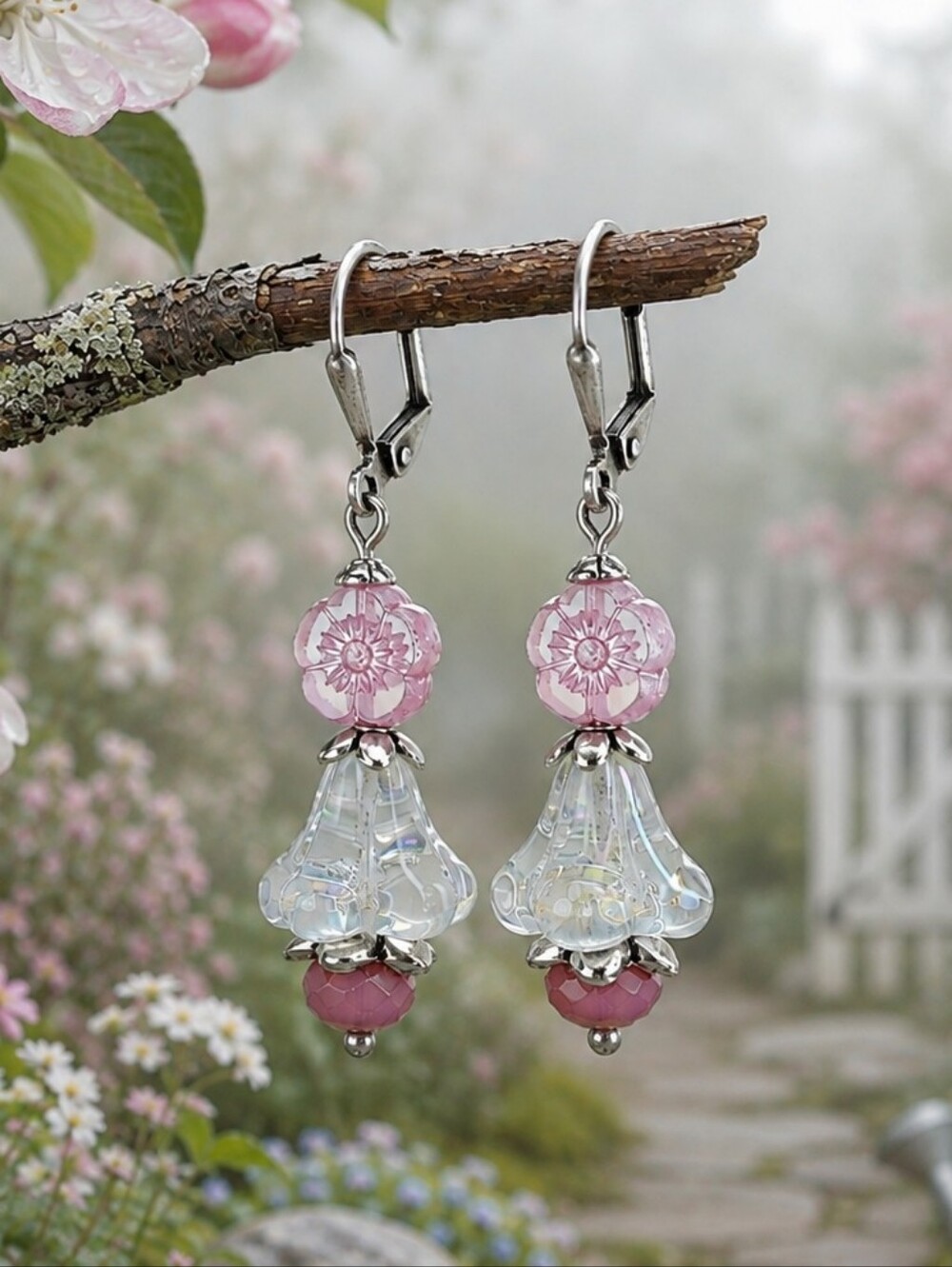 Pink Czech Glass Flower Earrings Spring Blossom Cottage Garden Hand Crafted